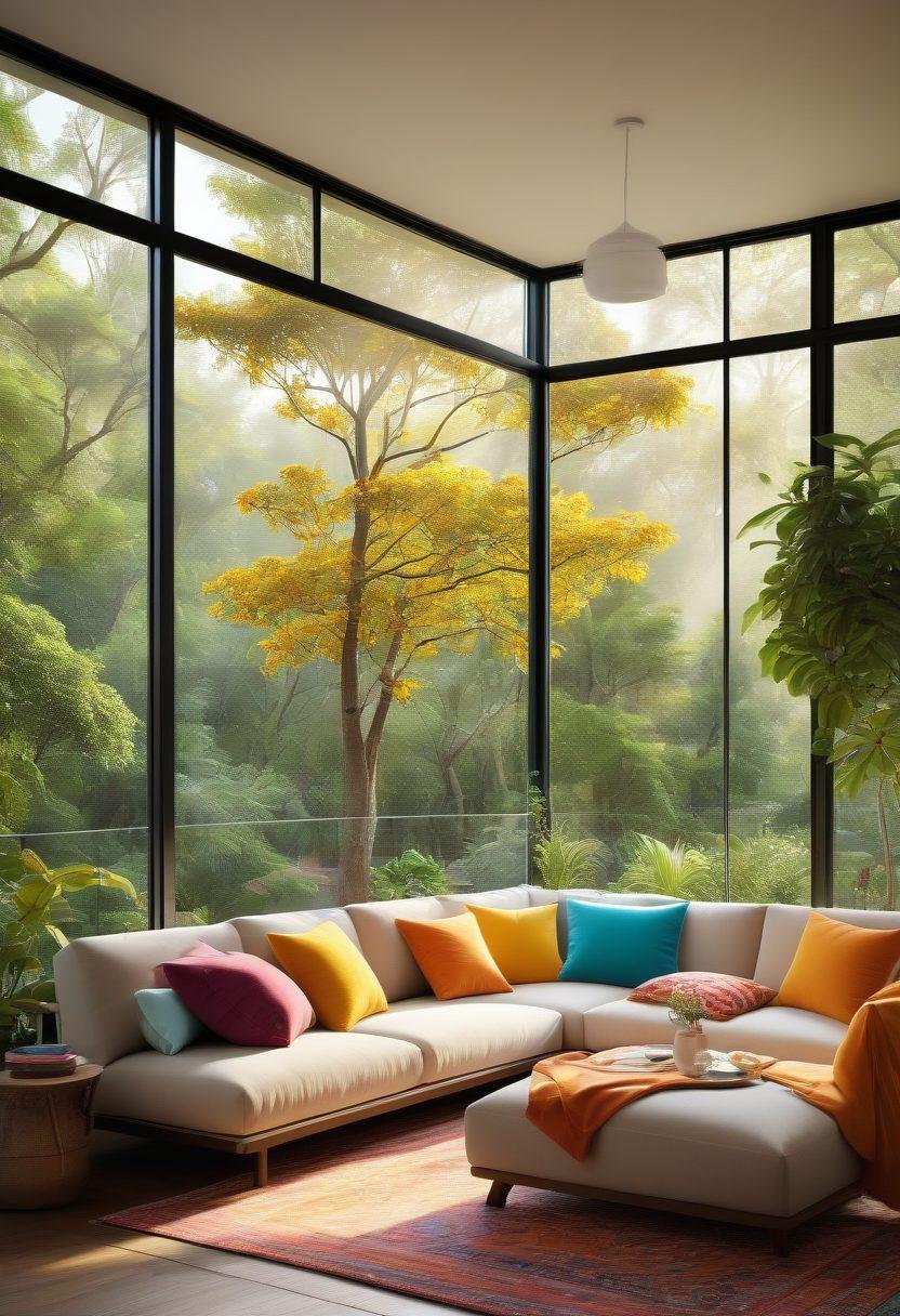 A cozy vacation rental apartment with welcoming decor, featuring a scenic view out of the window. Display a family enjoying their stay, with a focus on comfort and safety, while icons of insurance protection subtly float around like shields or umbrellas. Add a lively outdoor setting, including trees and sunlight, to convey a warm vacation vibe. super-realistic. vibrant colors. soft focus.