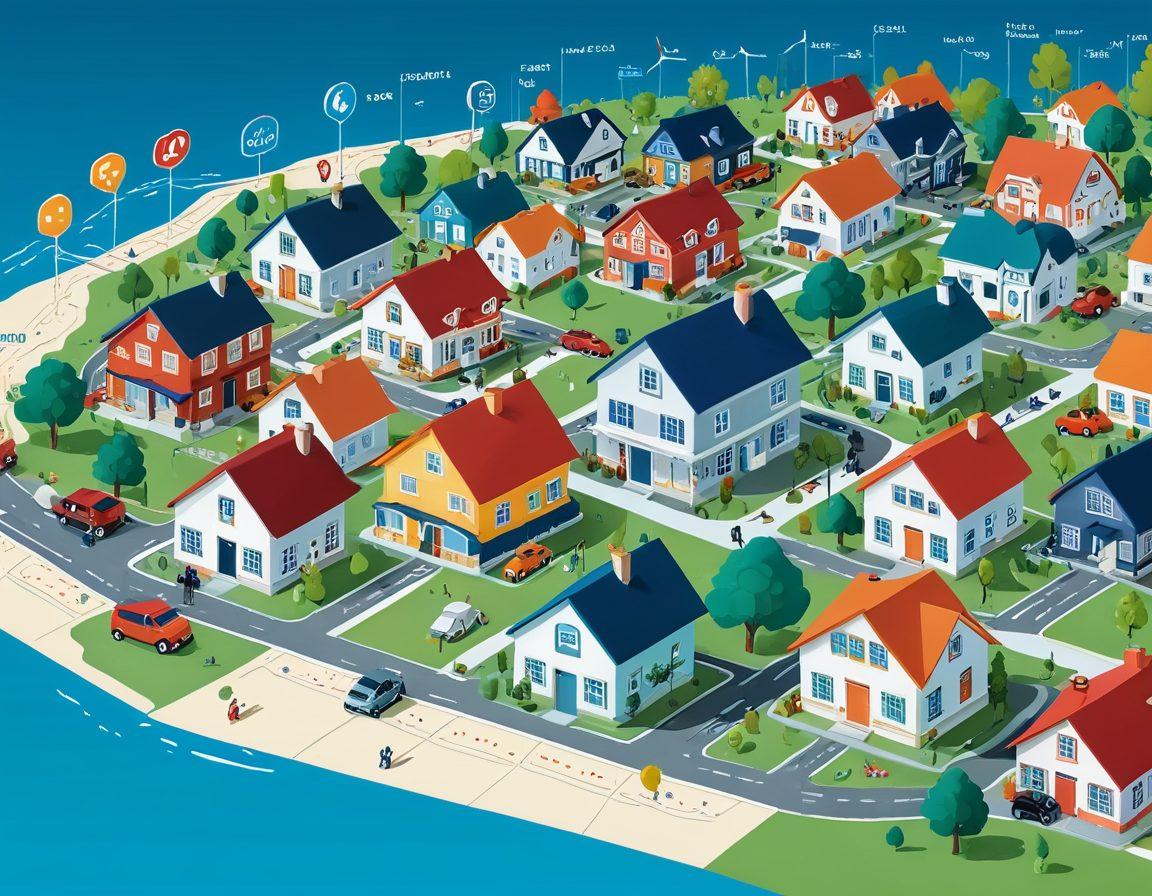 A detailed, layered map illustrating the complexities of property insurance for short-term rentals, featuring icons for various insurance types, rental properties, and potential risks. In the background, a mix of vibrant colors represents the bustling rental market, with graphs and data overlays highlighting trends. Include diverse short-term rental styles, like cozy cabins and modern apartments. super-realistic. vibrant colors. digital art.