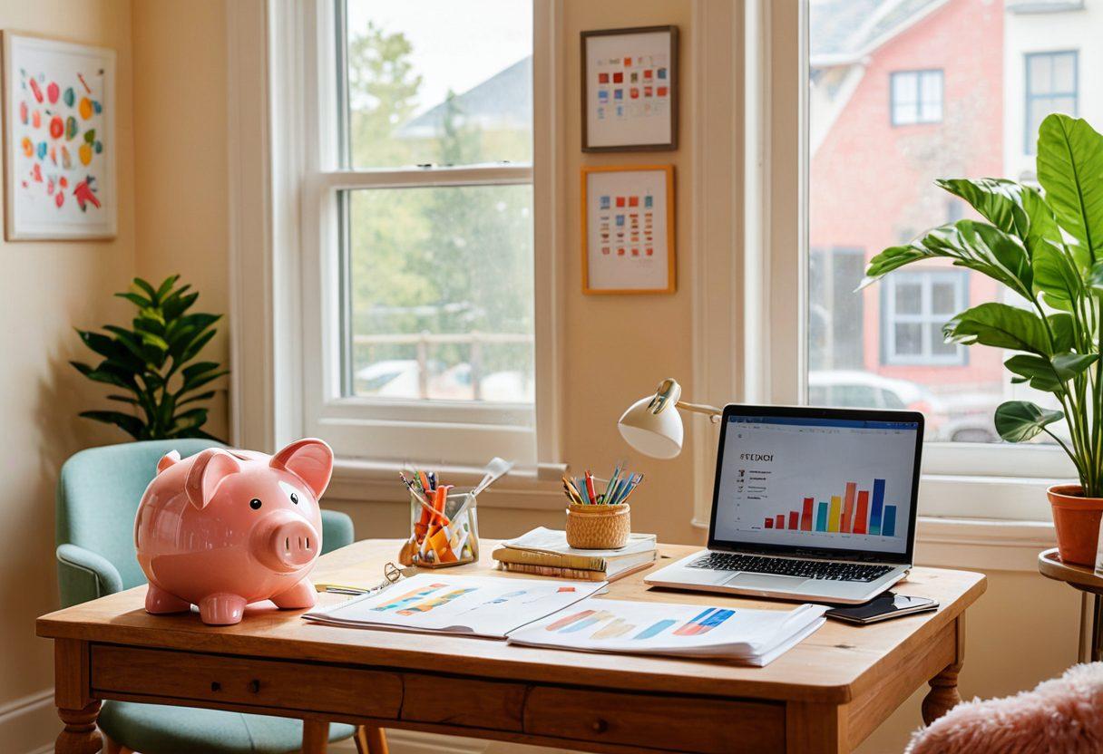 A cozy, well-furnished guest apartment featuring a large window with sunlight streaming in. Visual elements like insurance paperwork, a piggy bank, and a laptop displaying growth charts integrated into the scene. The atmosphere should feel secure and inviting, symbolizing safety for investments. Vibrant colors. super-realistic.